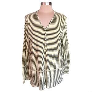 Sundance Cotton Stripe V-Neck Henley Tunic Top LARGE  Raw Edge Coastal Casual